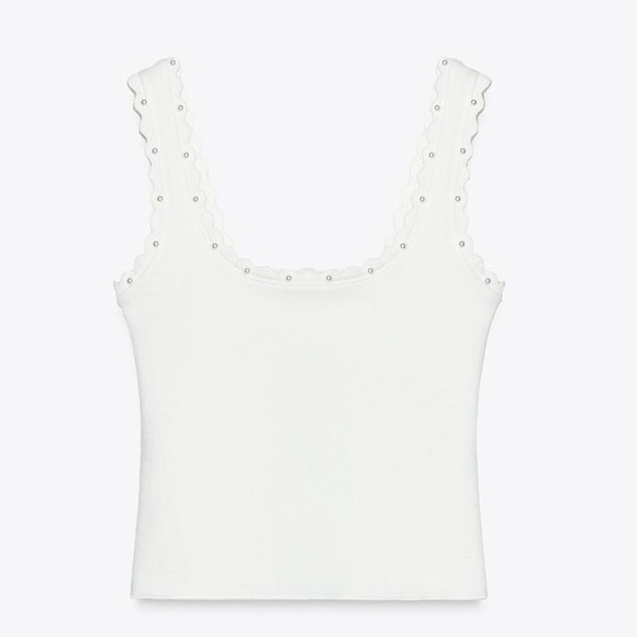 Zara NWT Oyster White Knit Crop Top w/ Faux Pearl Details (Size Small) - Picture 7 of 9